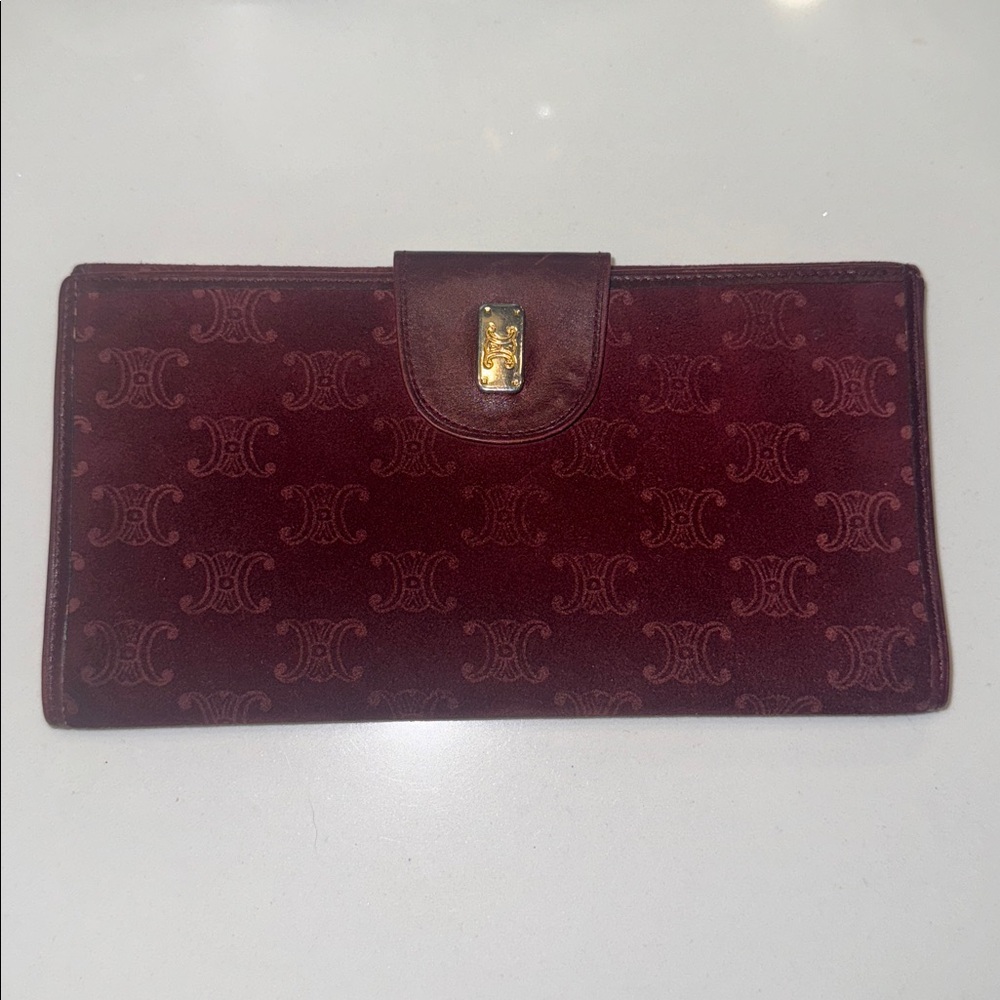 Authentic Vintage Celine Suede Leather Burgundy Triomphe Embossed Long Wallet